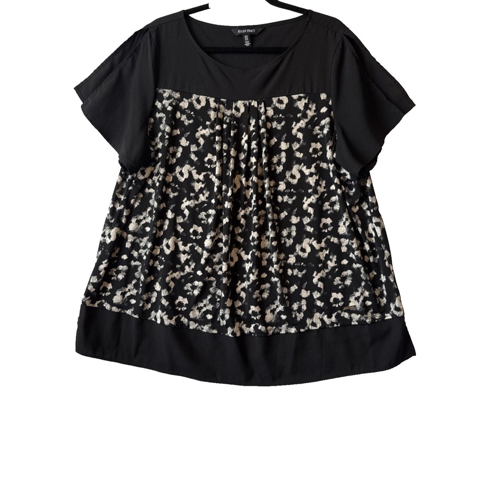 Ellen Tracy Black‎ Floral Pleated Split Short Sleeve Relaxed Top 2X Whimsigoth